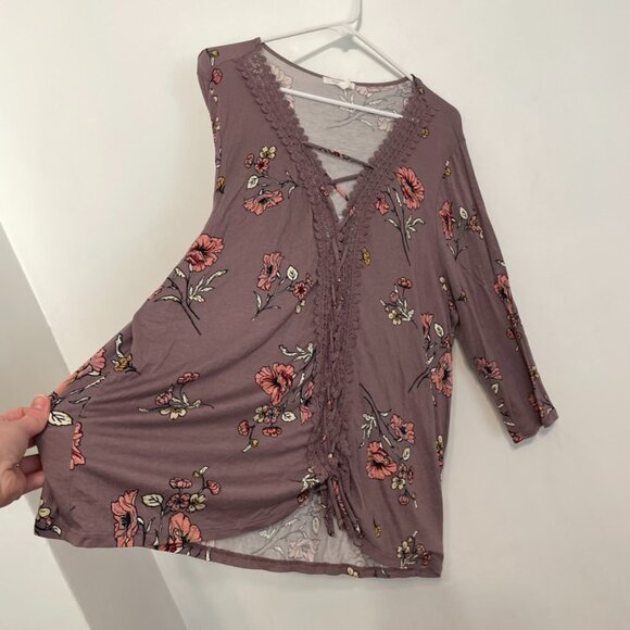 MAURICES 2 Plus Size Crochet and Lace Up Floral Top Mauve Purple 3/4 Sleeve Boho - Picture 10 of 15